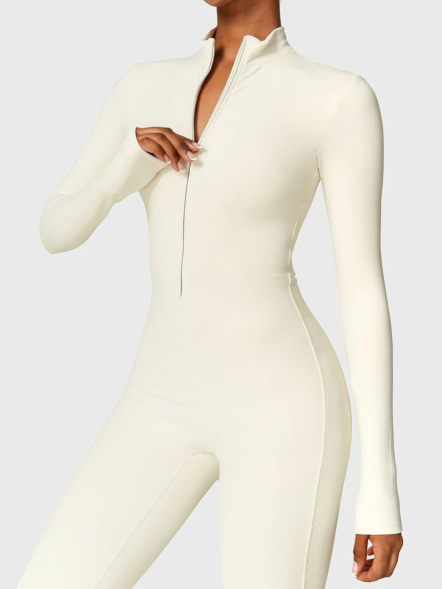Levefit Beige Fleece Langarm Reißverschluss Jumpsuit - LEVEFIT