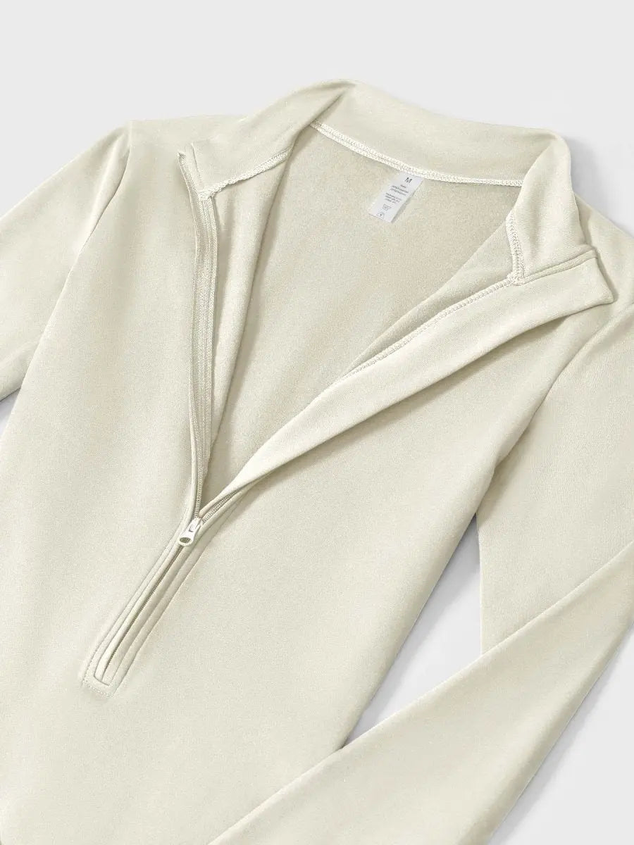 Levefit Beige Fleece Langarm Reißverschluss Jumpsuit - LEVEFIT