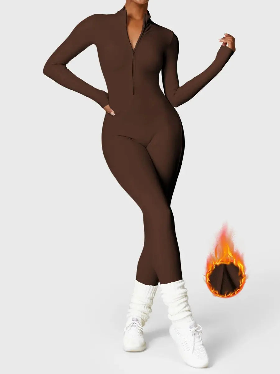 Levefit Kaffee Fleece Langarm Reißverschluss Jumpsuit - LEVEFIT