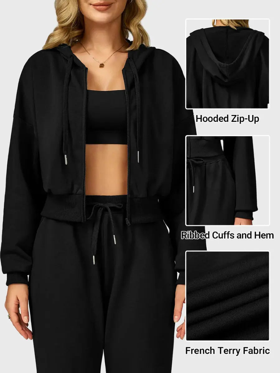 VÉRA™ Cropped Zip Hoodie – Tiefschwarz - LEVEFIT