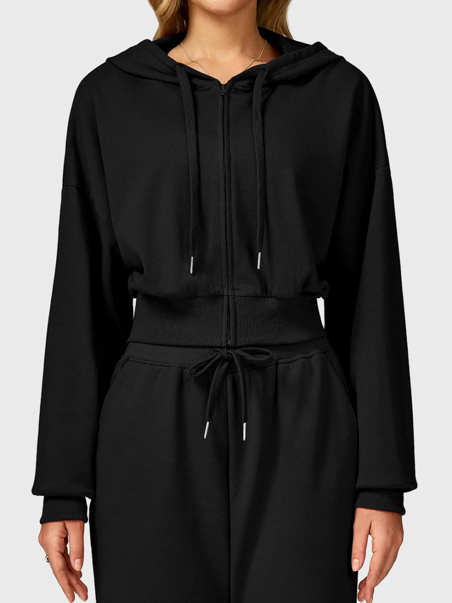 VÉRA™ Cropped Zip Hoodie – Tiefschwarz - LEVEFIT