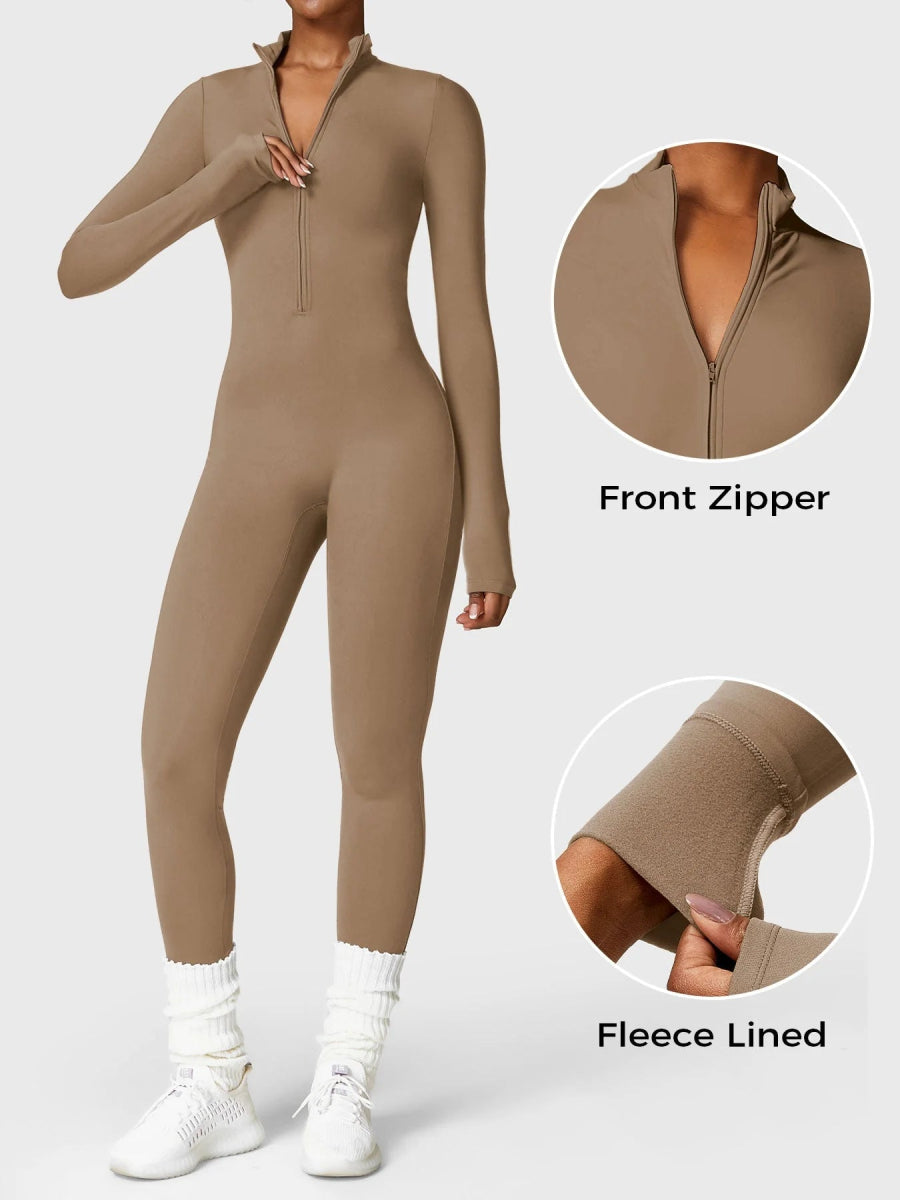 Levefit Armeegrün Fleece Langarm Reißverschluss Jumpsuit - LEVEFIT