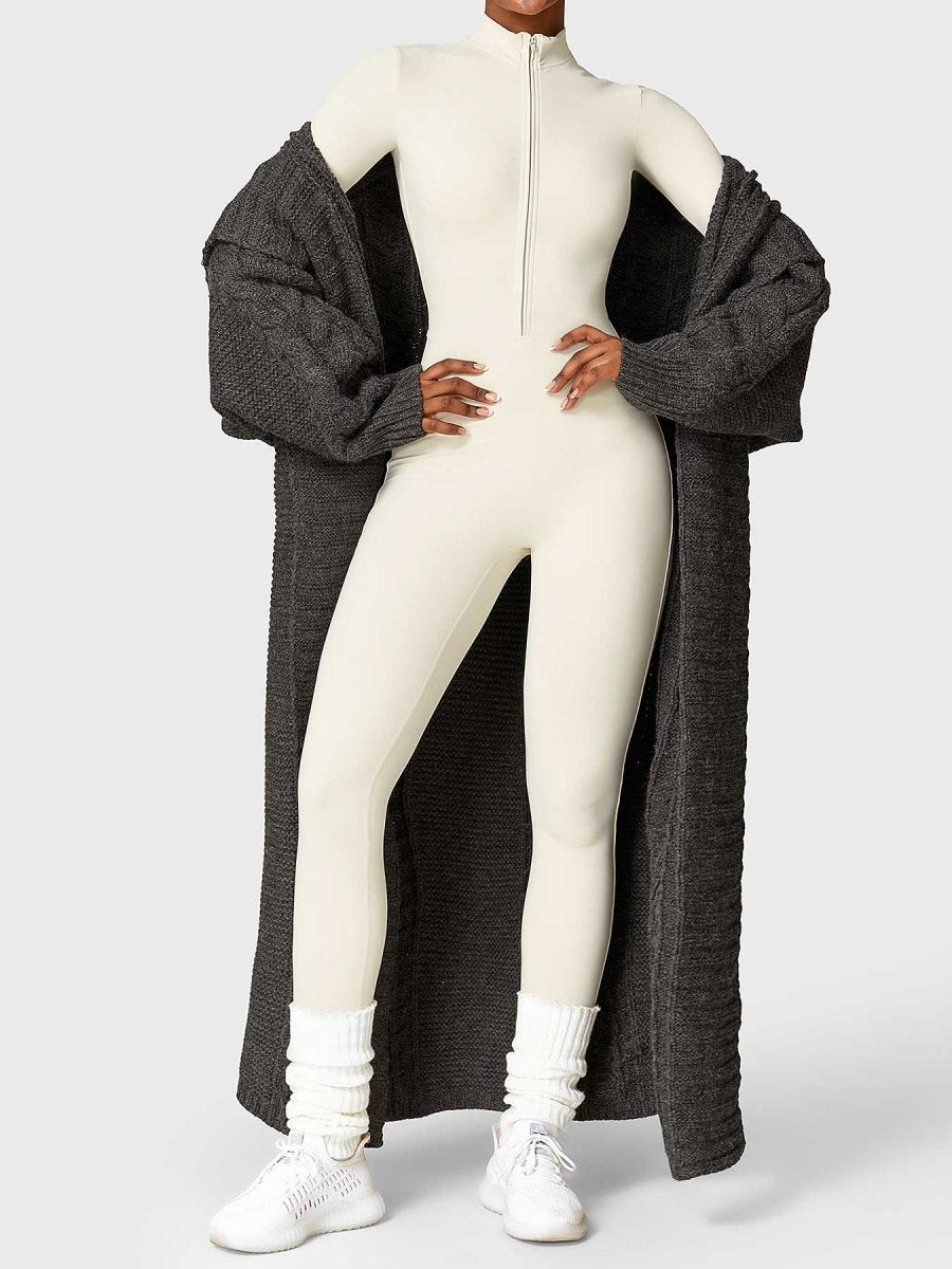 Levefit Beige Fleece Langarm Reißverschluss Jumpsuit - LEVEFIT